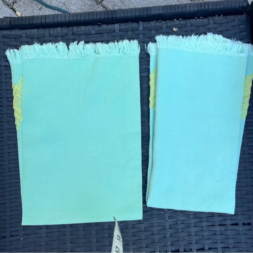 Two Vintage Tea Towels Cloth Aqua and Yellow Embroidered